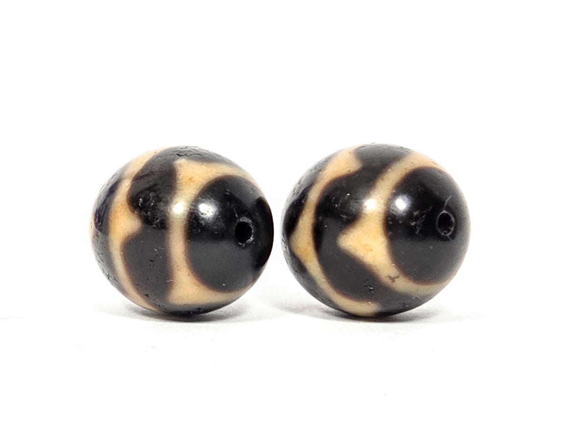 Vintage round double wave dzi beads, black agate with natural cream striping, Taiwan 1980s, pair with drill holes