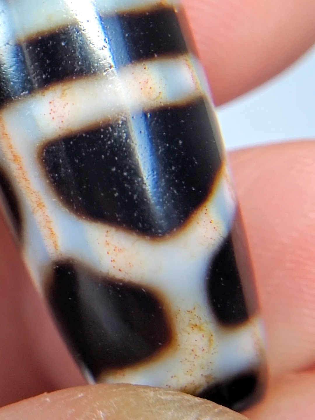 V-092824-DLBS2 Double Longevity dzi bead, macro showing orange-rust cinnabar micro-dots in cream zone with boundary staining, unretouched