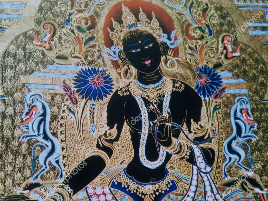 Black Tara Krodha Tara thangka painting — wrathful Tibetan Buddhist protector goddess, dark blue-black complexion, fierce expression, seated on sun disc with lotus throne