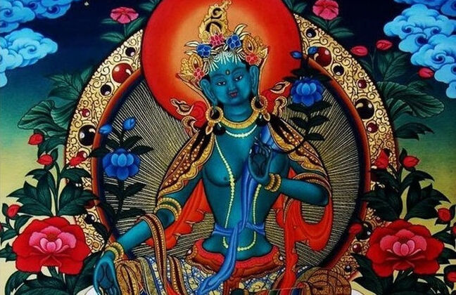 Blue Tara Ekajati thangka painting — Tibetan Buddhist protector goddess seated on lotus in deep sapphire blue, holding blue lotus, surrounded by Himalayan landscape and lotuses