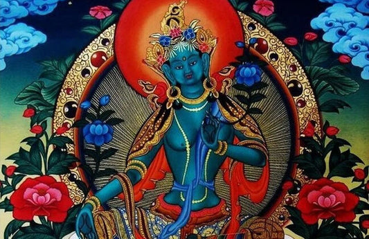 Blue Tara Ekajati thangka painting — Tibetan Buddhist protector goddess seated on lotus in deep sapphire blue, holding blue lotus, surrounded by Himalayan landscape and lotuses