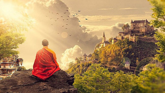 Monk meditating representing Mahayana Buddhism — thangka art and Himalayan monastery setting