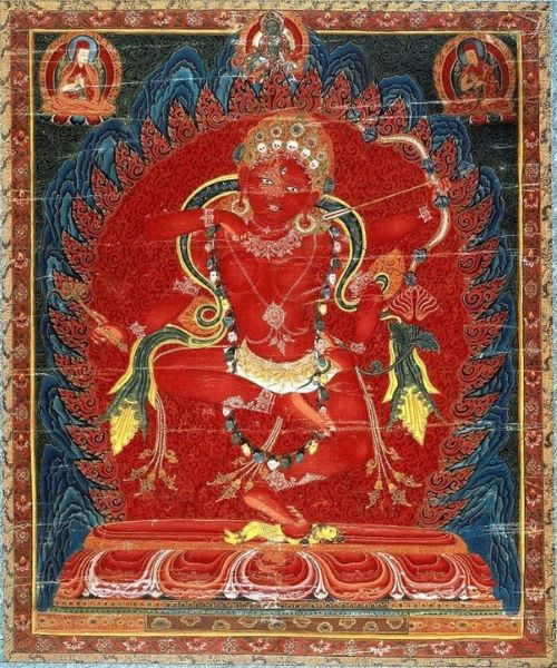 Red Tara Kurukulla thangka painting — Tibetan Buddhist goddess of magnetism and love, dancing on lotus in vibrant red with flower bow and lotus arrows