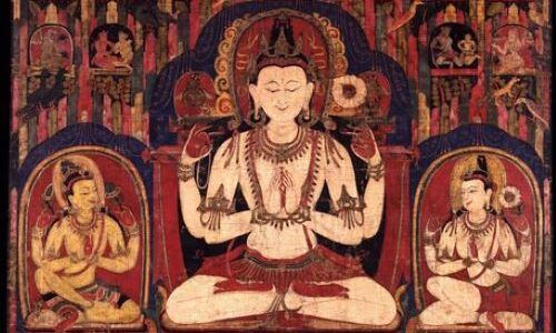 Avalokiteshvara Chenrezig thangka painting — multi-armed Tibetan Buddhist bodhisattva of compassion seated in meditation, flanked by two attendant bodhisattvas, Nepalese or early Tibetan style