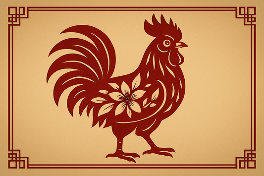 Rooster Chinese zodiac 2026 forecast with mystical red and gold illustration, showing lucky symbols and energy for love, career, health, and wealth at Ancient Dzi Shop.