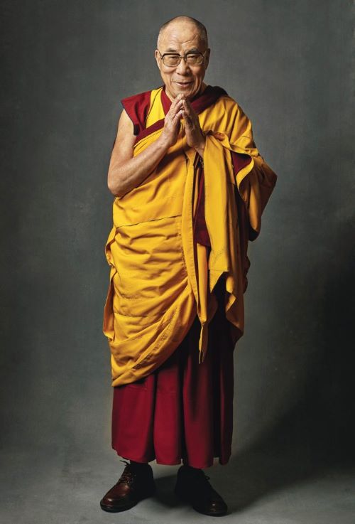 His Holiness the 14th Dalai Lama Tenzin Gyatso in prayer mudra wearing traditional Tibetan robes — Ancient Dzi Shop