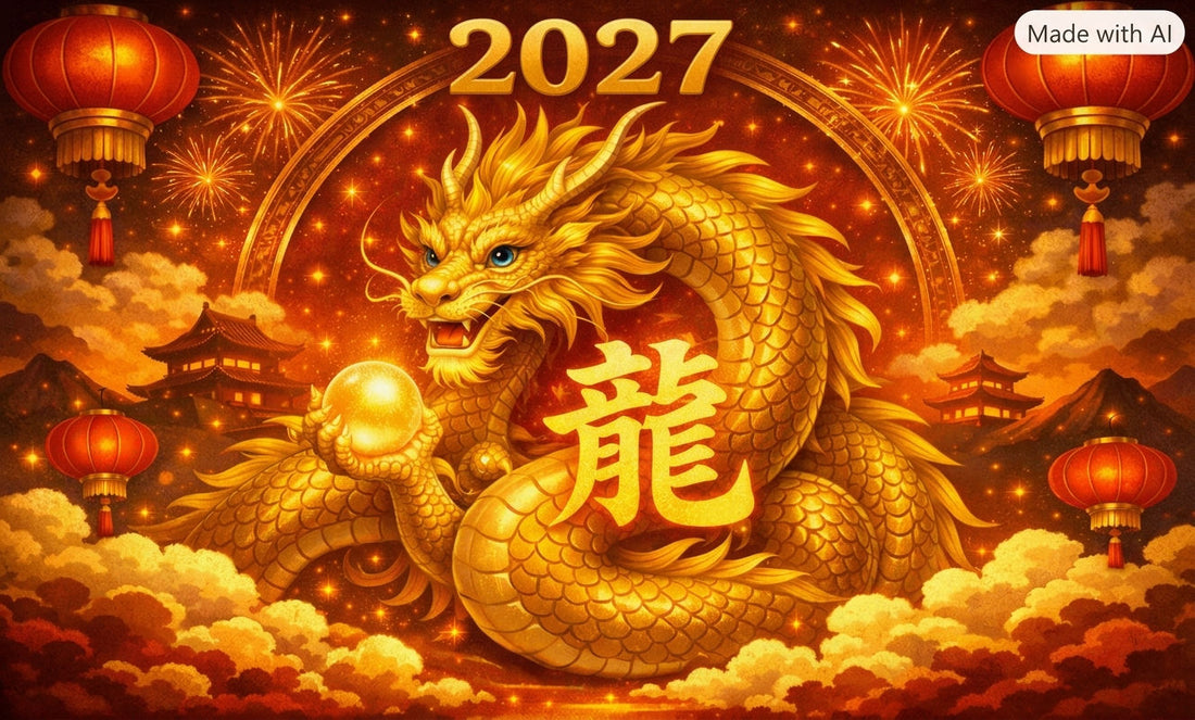 2027 Year of the Dragon Tibetan dzi bead guide — golden Chinese dragon holding pearl with Chinese zodiac character 龍, red lanterns and fireworks, ancientdzishop.com