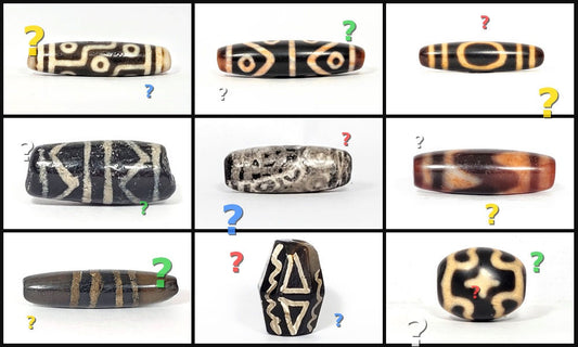 A collage of different authentic Tibetan dzi beads with question marks — which dzi bead is right for you?