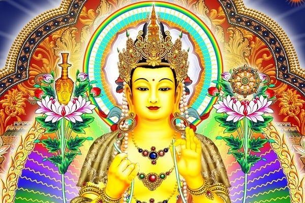 Maitreya Future Buddha thangka illustration — golden Tibetan Buddhist bodhisattva with jeweled crown in vitarka teaching mudra, flanked by stupa and dharma wheel, rainbow halo, white lotuses