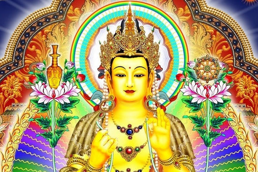 Maitreya Future Buddha thangka illustration — golden Tibetan Buddhist bodhisattva with jeweled crown in vitarka teaching mudra, flanked by stupa and dharma wheel, rainbow halo, white lotuses