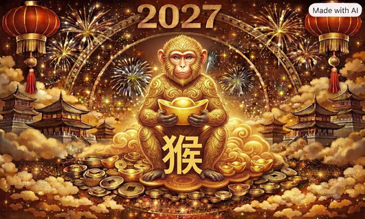 2027 Year of the Monkey Tibetan dzi bead guide — golden monkey holding gold ingot with Chinese zodiac character 猴, red lanterns and fireworks, ancientdzishop.com