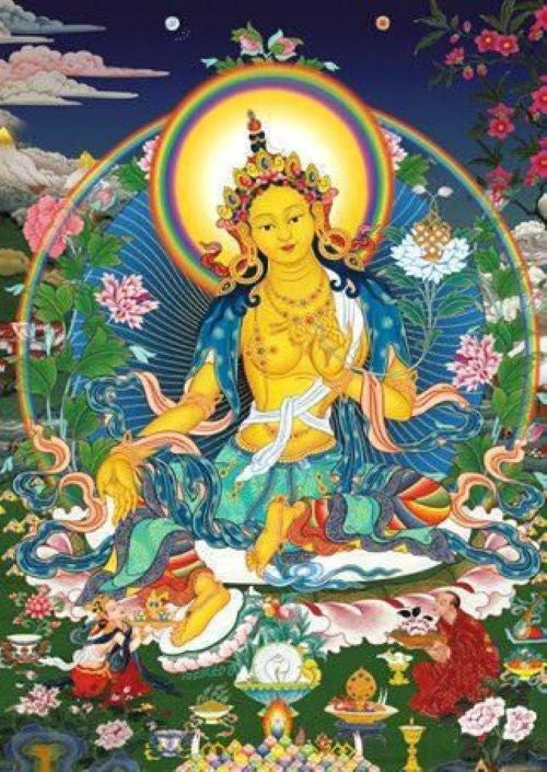 Yellow Tara Vasudhara thangka painting — Tibetan Buddhist goddess of wealth and abundance, golden yellow, seated on lotus holding grain stalks and jewels