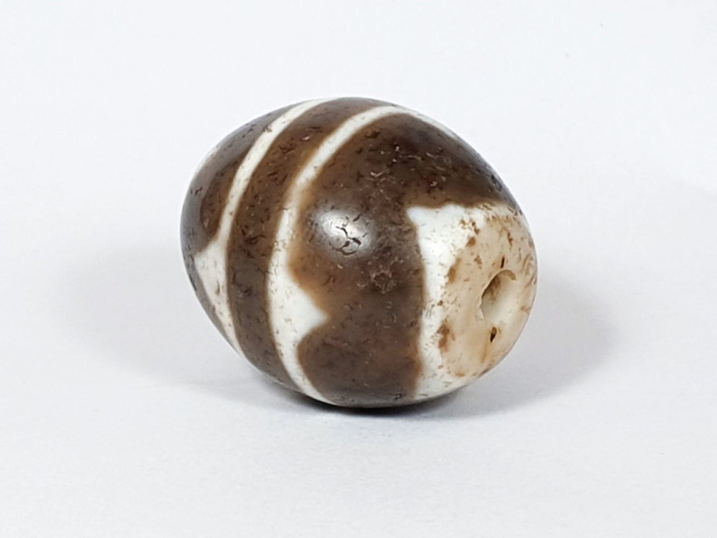 V-062926-TT drill-end side view, cream-white surround, banding wraps surface, vintage Taiwan tiger tooth agate, unretouched