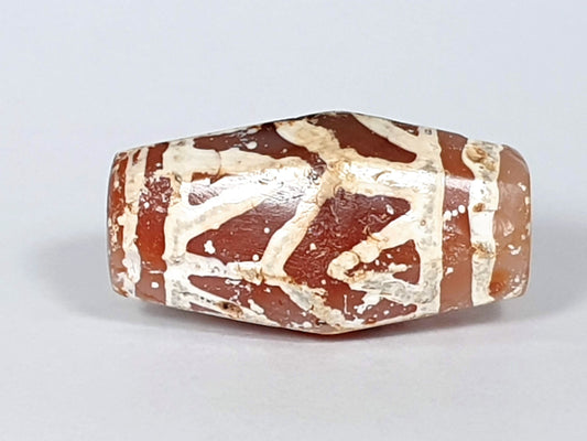 Ac-032320-LTT ancient lotus tiger tooth carnelian dzi 28.3×15.8mm terracotta-red raised white etching, unretouched