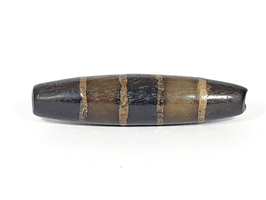 Ac-081020-7SChung ancient seven stripe Chung dzi, Face C, warm dark brown ground, golden-tan bands, unretouched