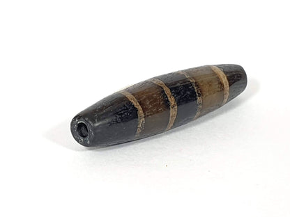 Ac-081020-7SChung ancient seven stripe Chung dzi, left end drill hole, pointed fusiform taper, golden-tan bands, unretouched