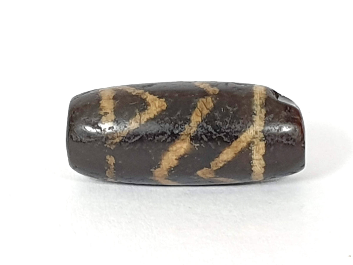 Ancient carnelian dzi bead, dark brown agate with etched tiger tooth and lotus motifs, aged patina, barrel shape, visible drill hole