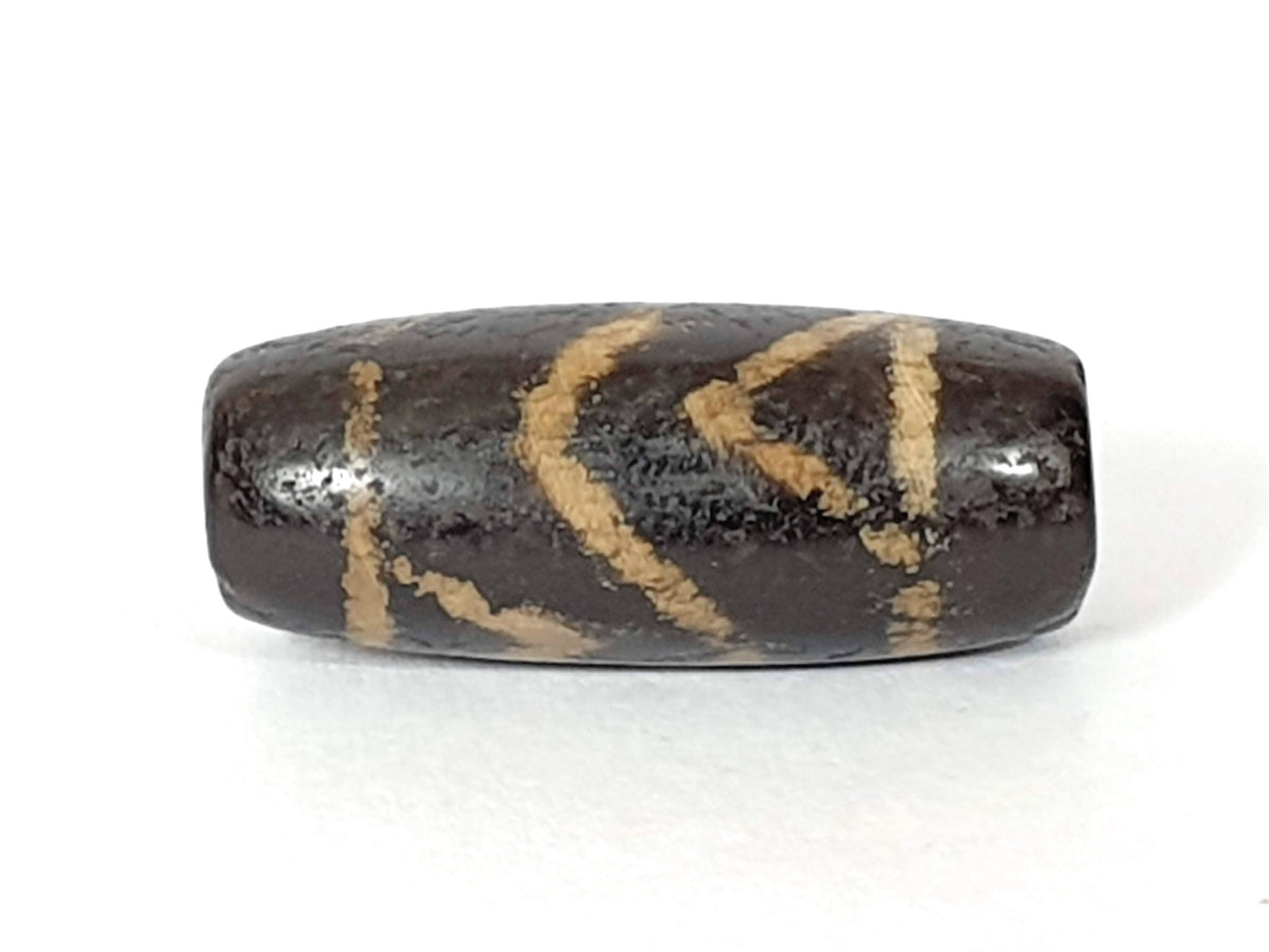 Ancient carnelian dzi bead, dark brown agate with etched tan lotus and tiger tooth motifs, aged patina, oval barrel shape