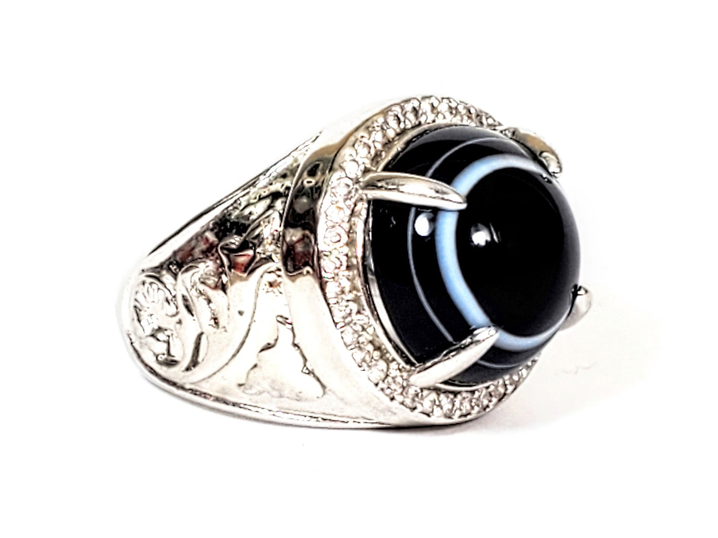 R-060626-LM Luk Mik dzi ring, 13.7mm pitch-black bead, blue-grey stripe, CZ halo, dragon shank, unretouched