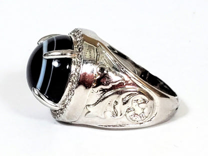 R-060626-LM Luk Mik ring right shank, raised dragon-phoenix relief engraving, silver-tone, unretouched