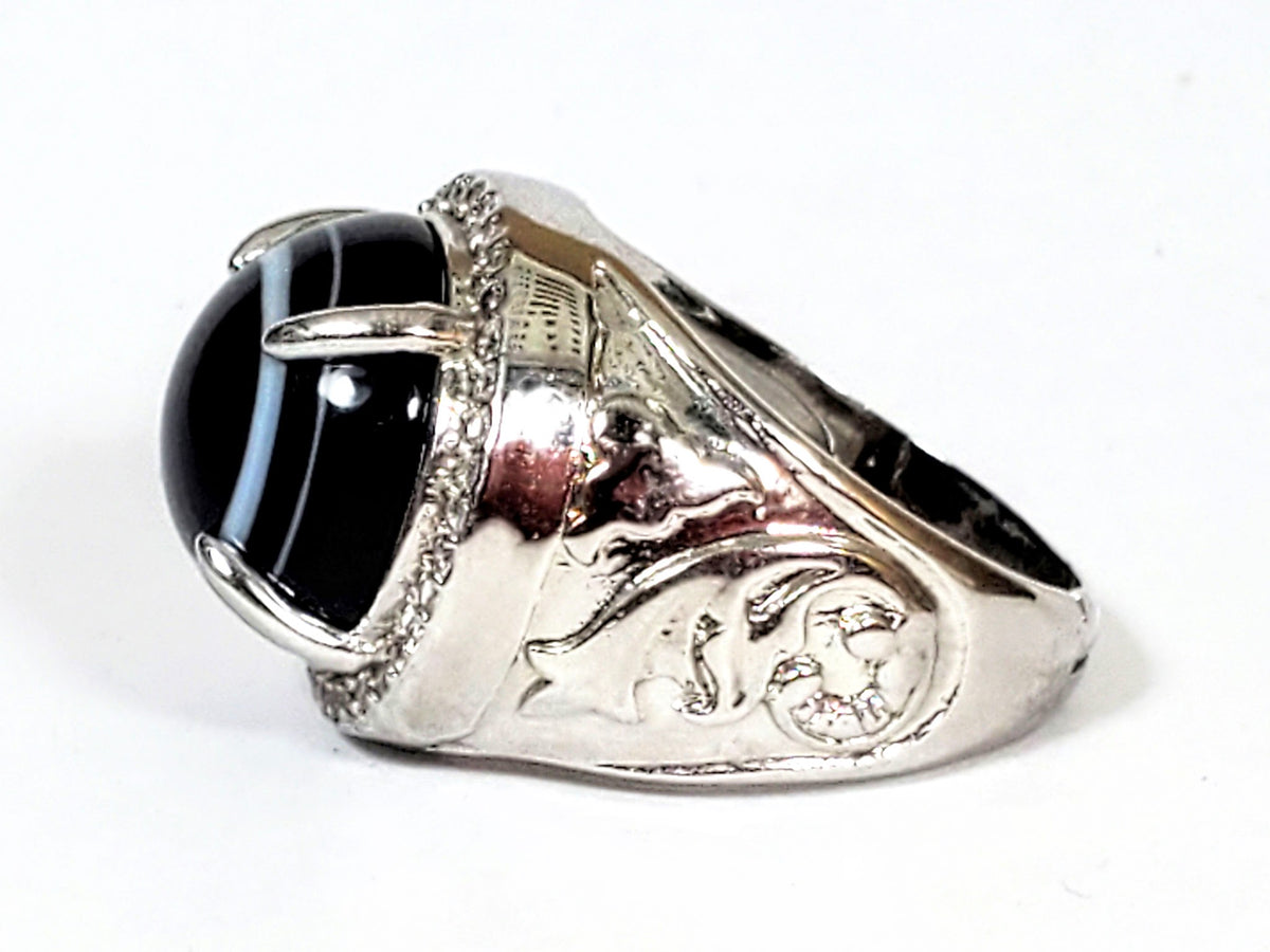 R-060626-LM Luk Mik ring right shank, raised dragon-phoenix relief engraving, silver-tone, unretouched