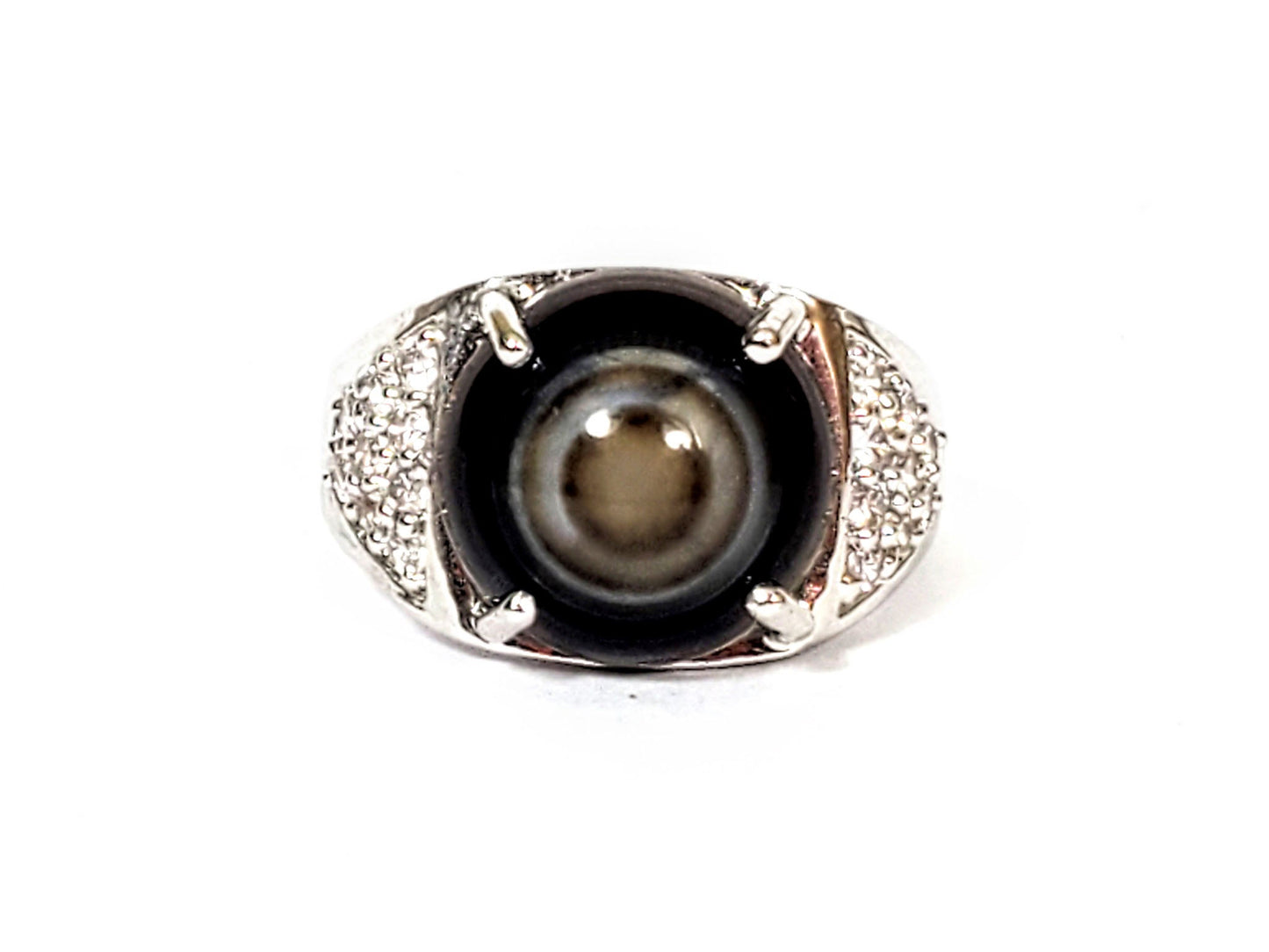 R-060626-LM2 Luk Mik dzi ring top view, 13.7mm cool grey-brown bead, nested rings, CZ panels, unretouched