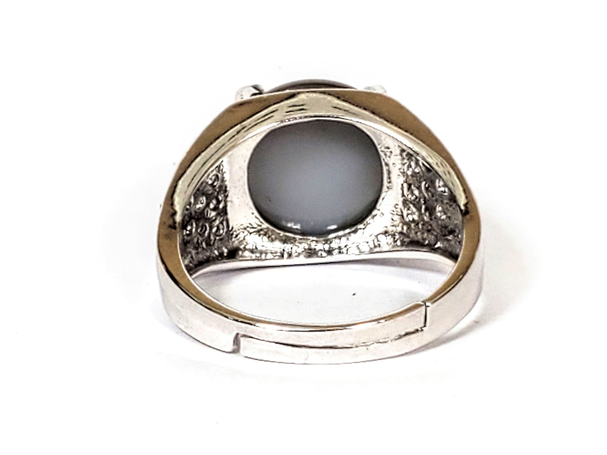 R-060626-LM2 Luk Mik ring underside, open-back adjustable split band, pale grey bead base visible, unretouched