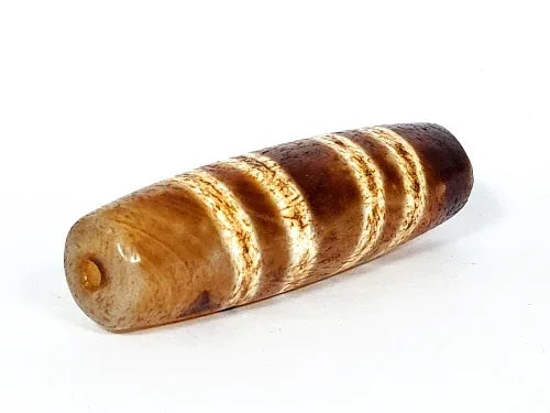 Ac-031322-7SChung, left end 3/4 view, warm honey-brown tip, drill hole, widest Chung dzi diameter in collection, unretouched