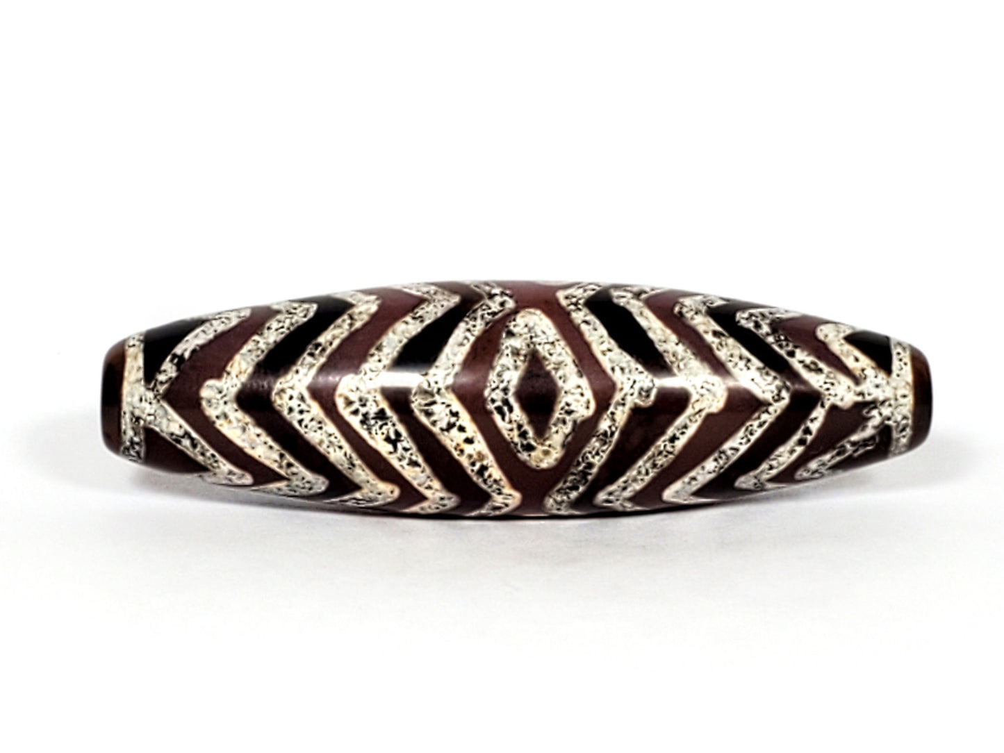 At-071322-3ETT antique carnelian dzi, 52.4×15.1mm, Face A, diamond eye + tiger stripe, chocolate-brown, unretouched
