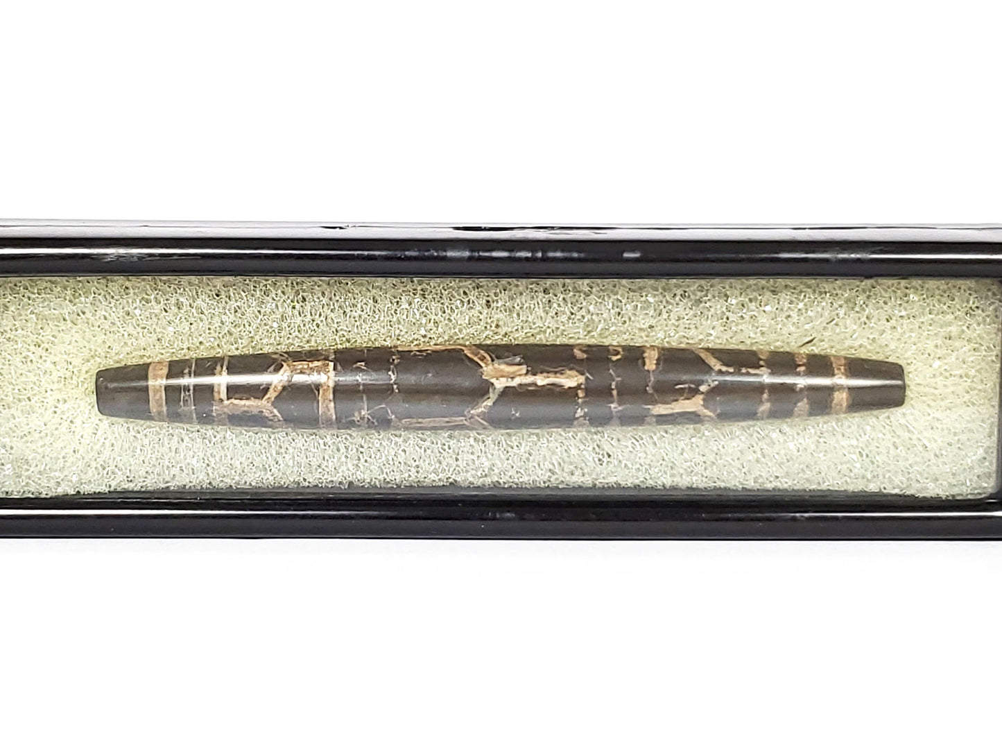 Ac-062926-3LG in display case, 75.3×8.2mm ancient triple longevity dzi, pitch-black agate warm-tan motif lines, unretouched
