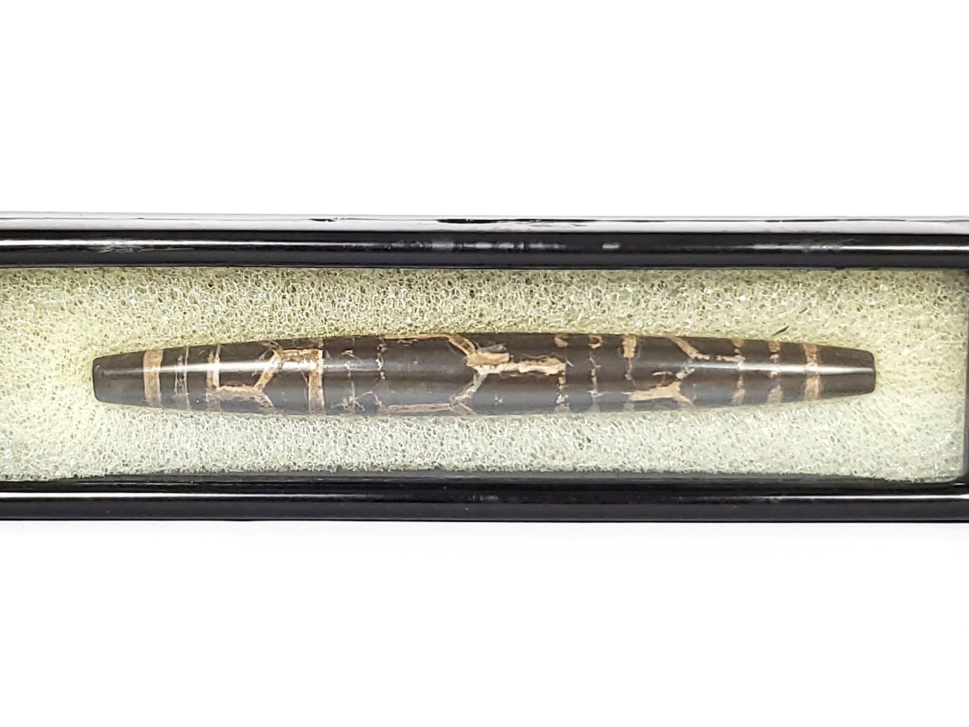 Ac-062926-3LG in display case, 75.3×8.2mm ancient triple longevity dzi, pitch-black agate warm-tan motif lines, unretouched