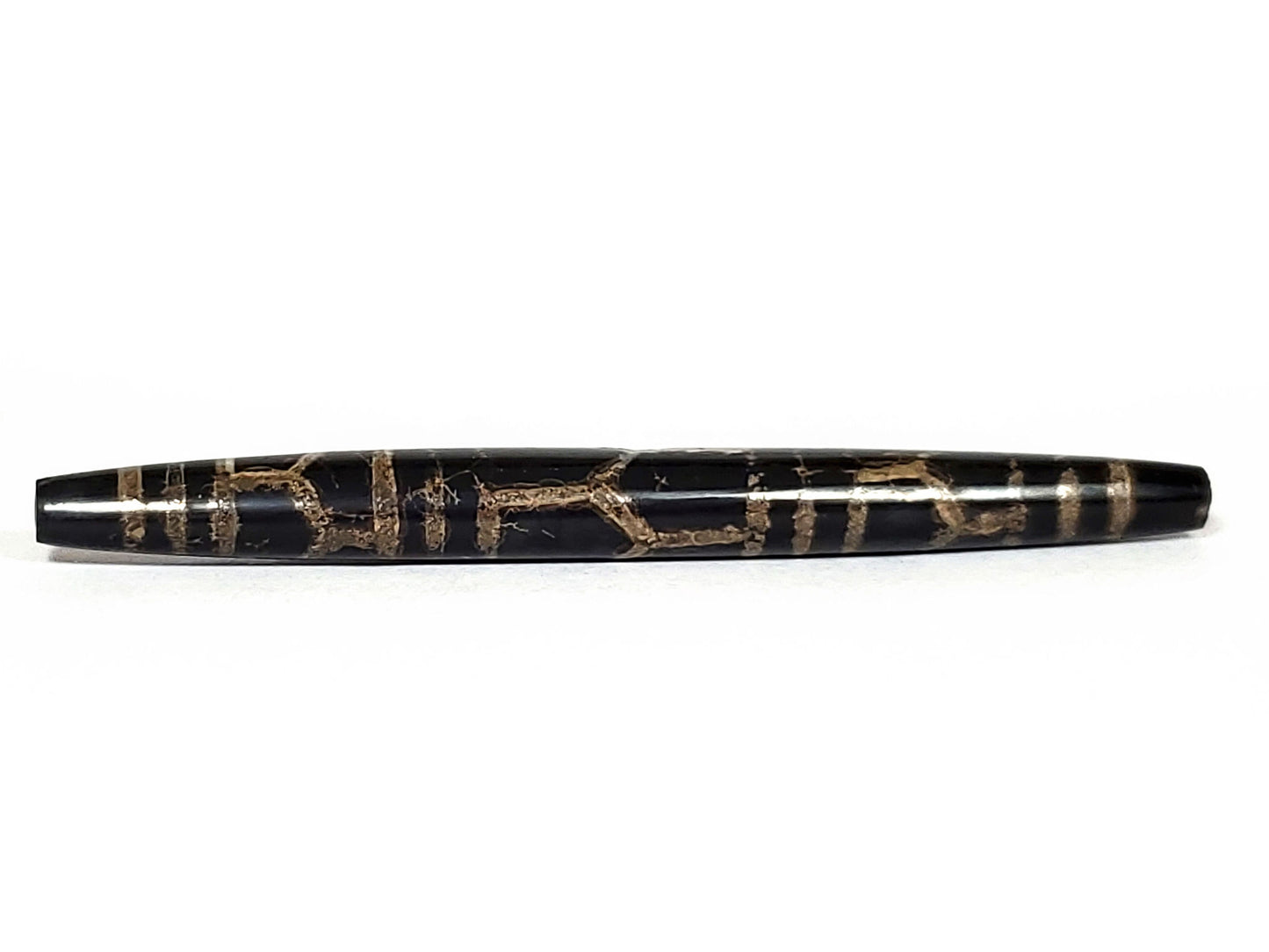 Ac-062926-3LG face A, pitch-black agate, warm-tan triple longevity cells, 75.3×8.2mm ancient dzi, unretouched