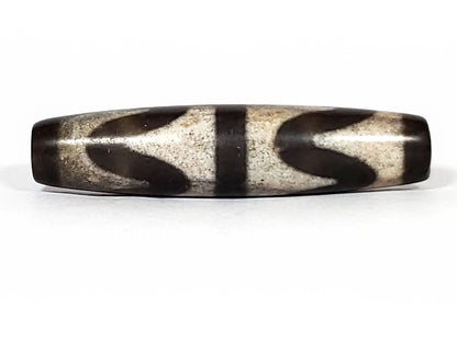 N-062226-DW2, double wave agate dzi, 58.2×13.8mm, very dark brown, sandy-beige wave motif, face A, unretouched