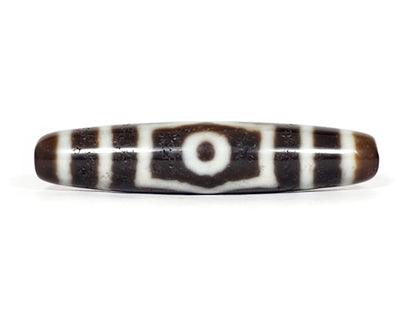 V-070226-ThE-001 vintage three eye dzi bead, front view, single eye with shield border, 56.4×12.1mm, unretouched.