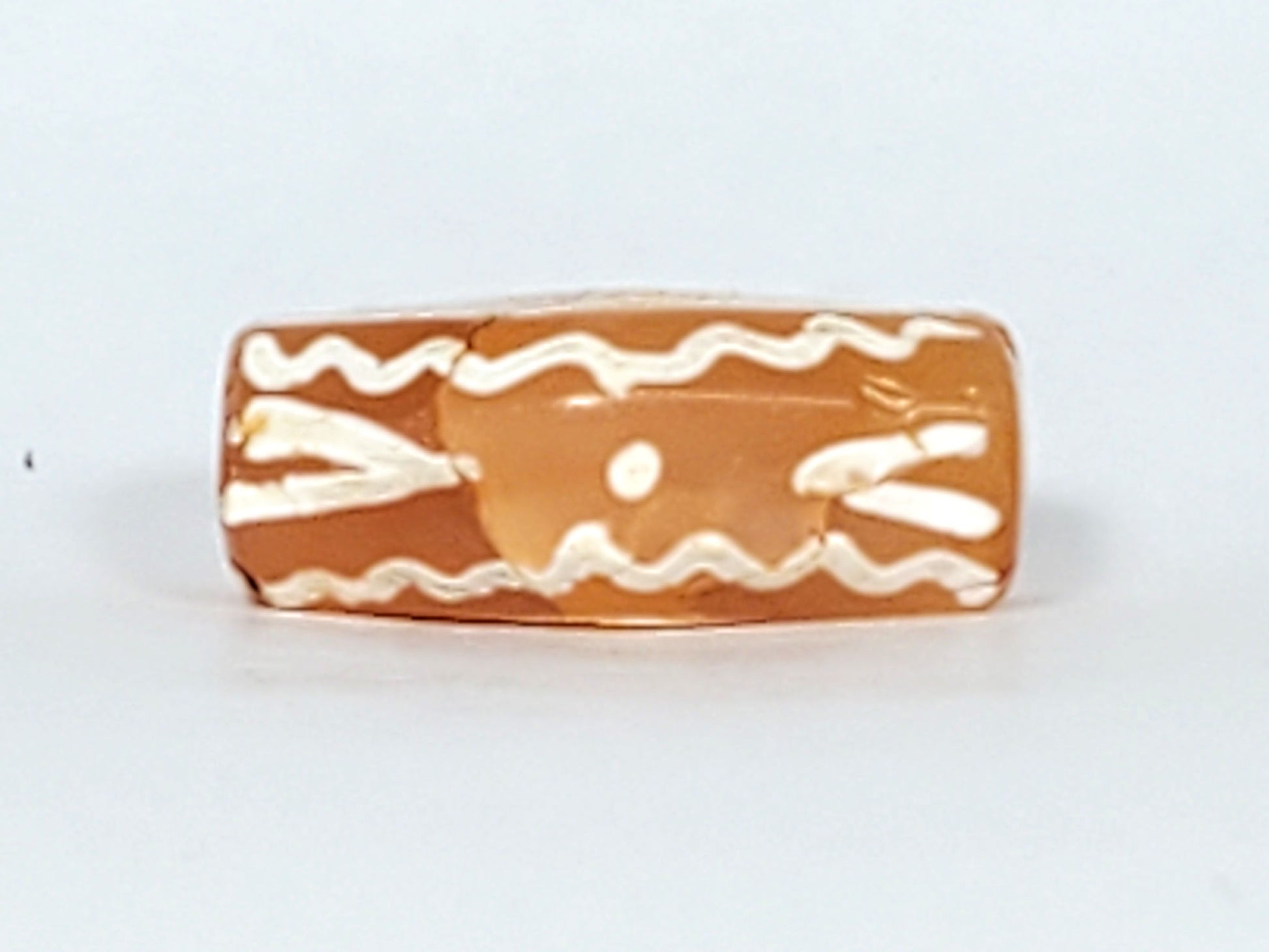 Ac-030623-DDIE carnelian dzi long face, star dot, tiger tooth chevrons, wave border, terracotta-orange, unretouched