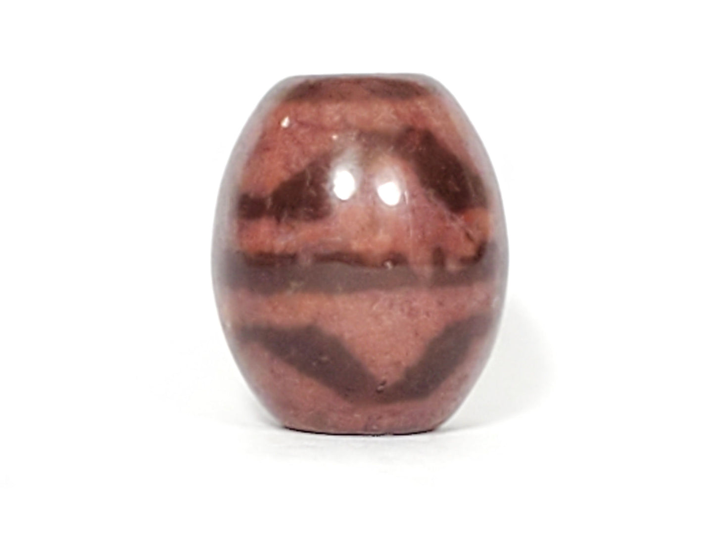 N-062926-TT, front face, rose-red agate round tiger tooth dzi bead, 21.0×17.7mm, dark plum-brown banding, unretouched