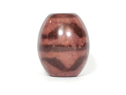 N-062926-TT, front face, rose-red agate round tiger tooth dzi bead, 21.0×17.7mm, dark plum-brown banding, unretouched