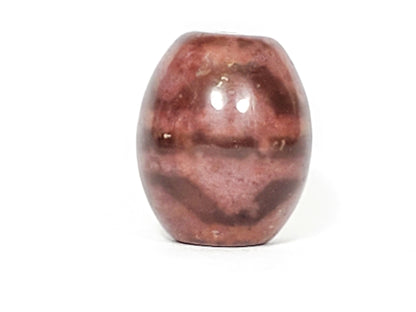 N-062926-TT, second rotation, rose-red agate round tiger tooth dzi bead, asymmetric crown profile visible, unretouched