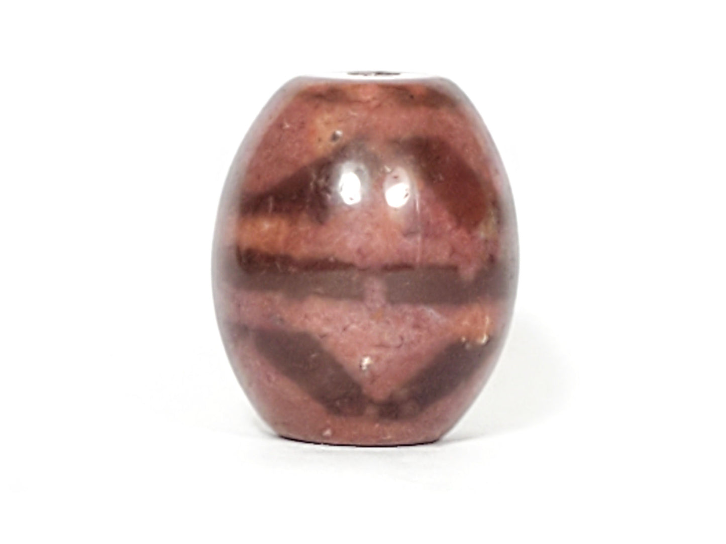 N-062926-TT, third rotation, rose-red agate round tiger tooth dzi bead, banding reads as overlapping curves, unretouched