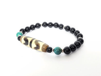 N-060726-DTT-BR tiger tooth dzi focal bracelet, cream-ground dzi, teal turquoise, black agate rounds, unretouched