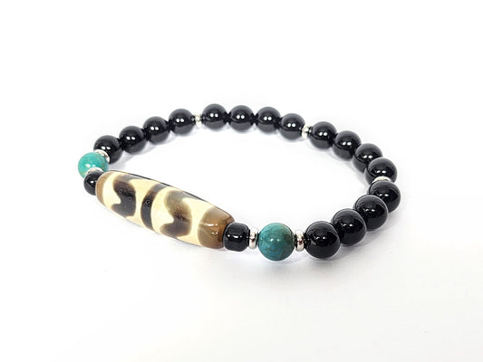 N-060726-DTT-BR tiger tooth dzi focal bracelet, cream-ground dzi, teal turquoise, black agate rounds, unretouched