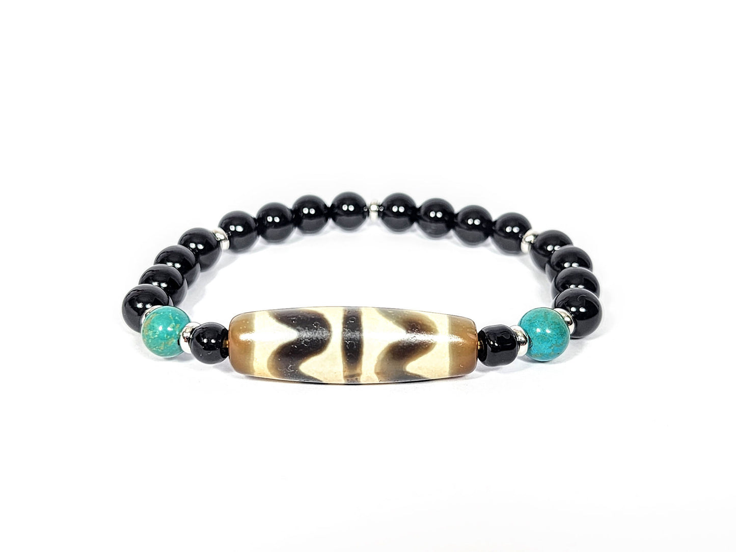 N-060726-DTT-BR double tiger tooth dzi bracelet, chevron motif face forward, black agate & turquoise, unretouched