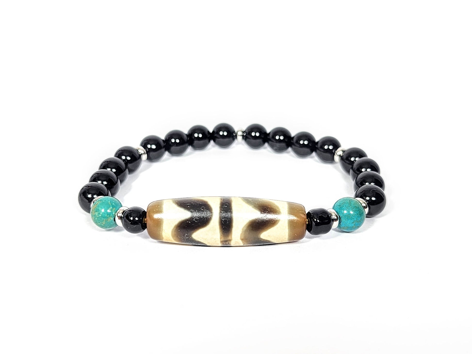 N-060726-DTT-BR double tiger tooth dzi bracelet, chevron motif face forward, black agate & turquoise, unretouched