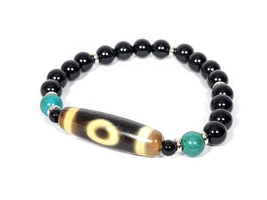 N-060726-HE-BR Heaven & Earth dzi bracelet, oval gate face, cream-ground focal bead, black agate & teal, unretouched