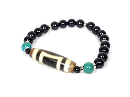 N-060726-HE-BR Heaven & Earth dzi bracelet, rectangular earth face, black agate rounds, teal turquoise, unretouched