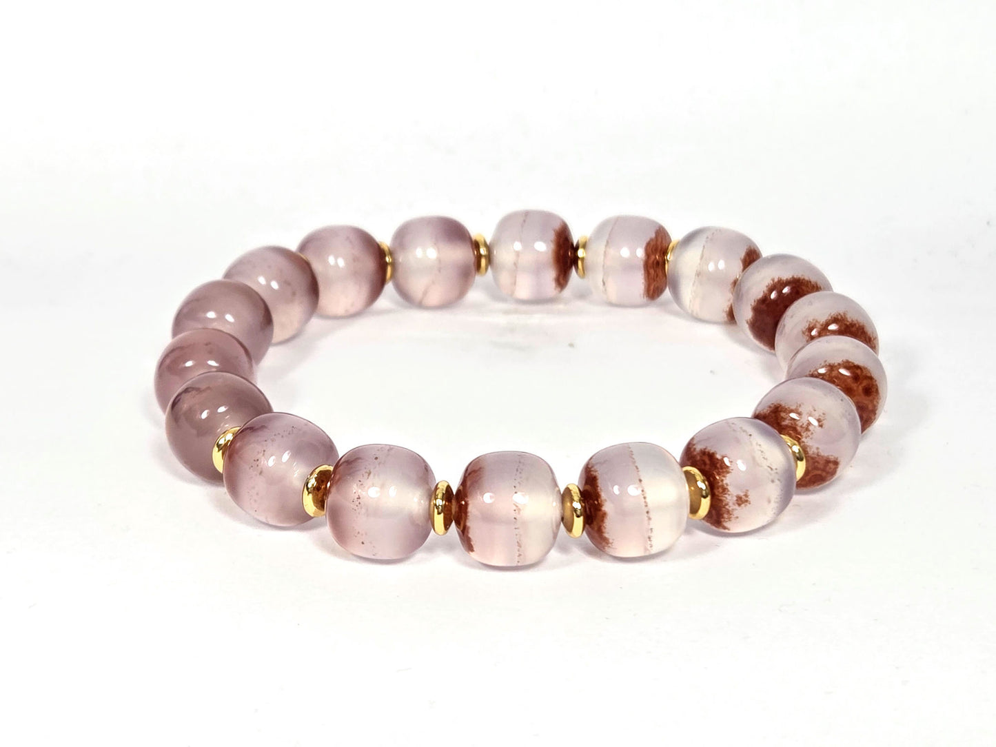 N-020726-CB3 chalcedony bracelet, pale blush-lavender, bold russet cinnabar zones, gold spacers, 10×9mm, unretouched