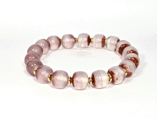 N-020726-CB3 chalcedony bracelet, pale blush-lavender, bold russet cinnabar zones, gold spacers, 10×9mm, unretouched