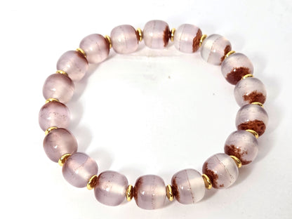 N-020726-CB3 chalcedony bracelet overhead, blush-lavender beads, large cinnabar mass zones, gold rondelle spacers, unretouched