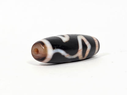 Vintage Lotus Bud Dzi Bead with Bloodspot, black agate with white striping and brown drill hole