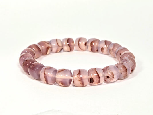 N-030526-CB bloodspot chalcedony bracelet, 18 beads, 10×9mm, dusty mauve-rose with warm brown banding, unretouched